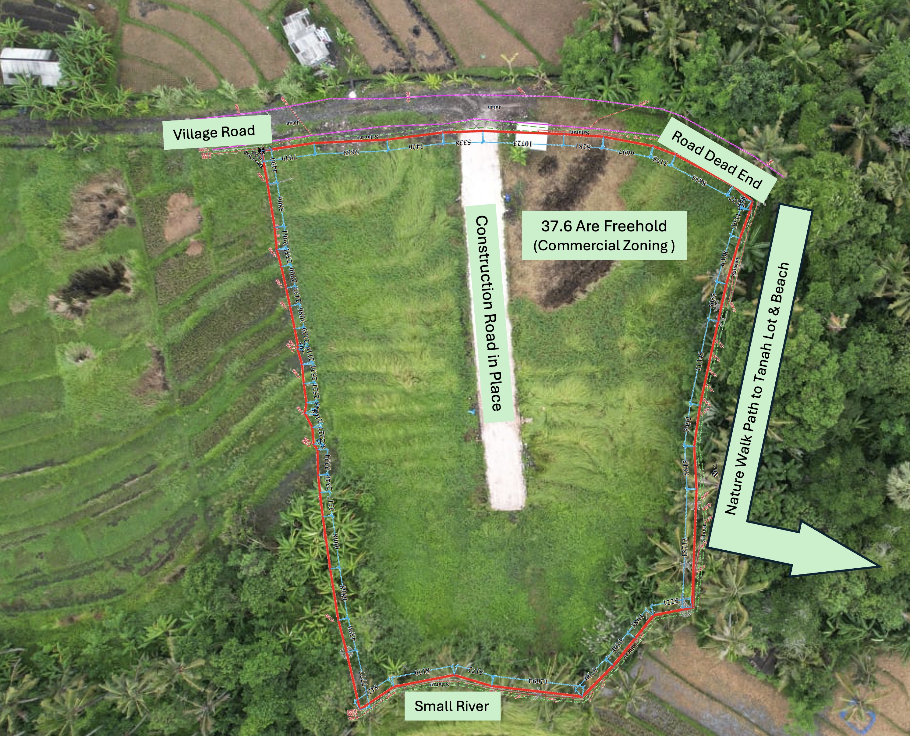 Annotated aerial survey showing site boundaries, road access, river edge, and nature walk path to Tanah Lot
